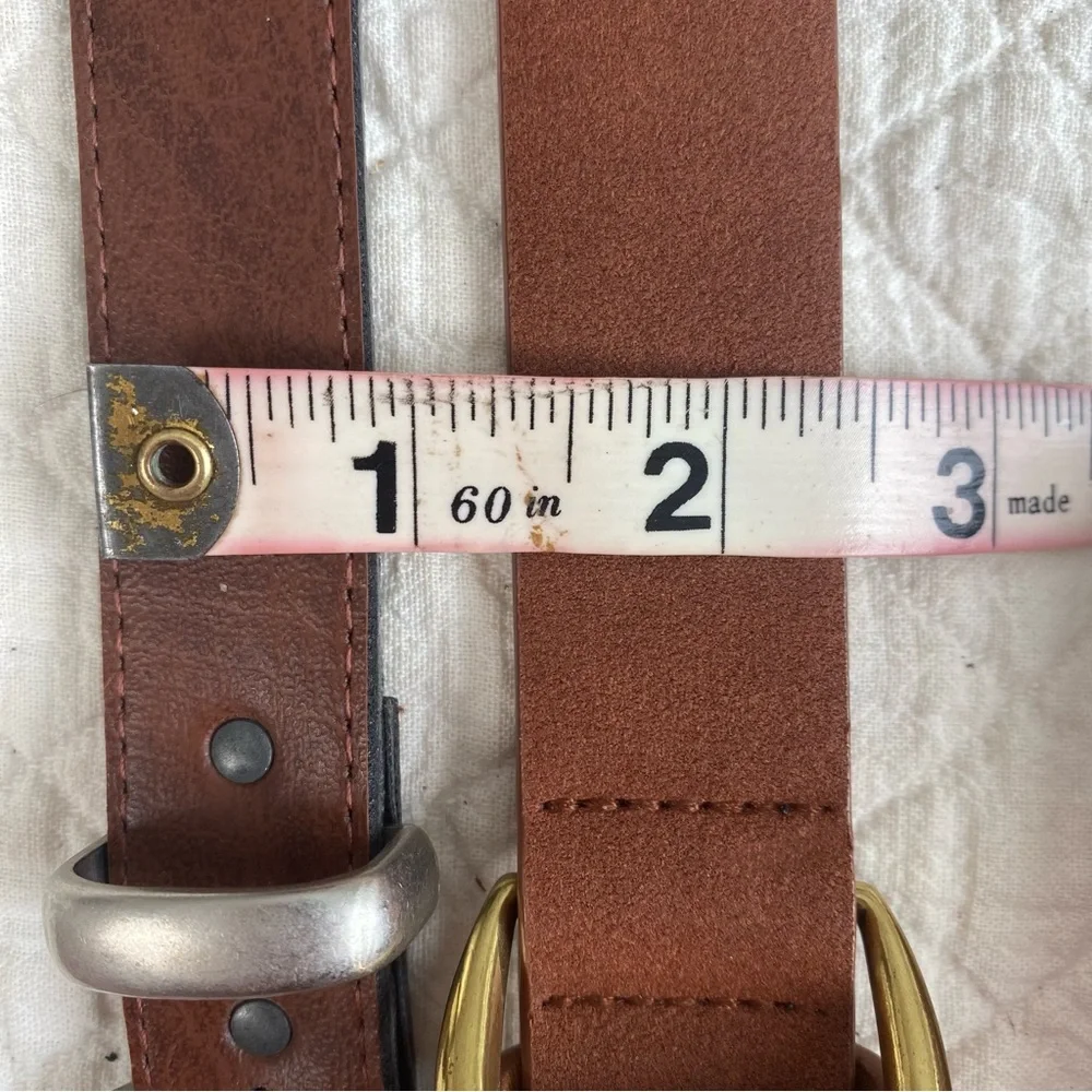 Bundle of 2 Brown Faux Leather Belts Silver & Gold Tone Buckles, 30-33” Waist
